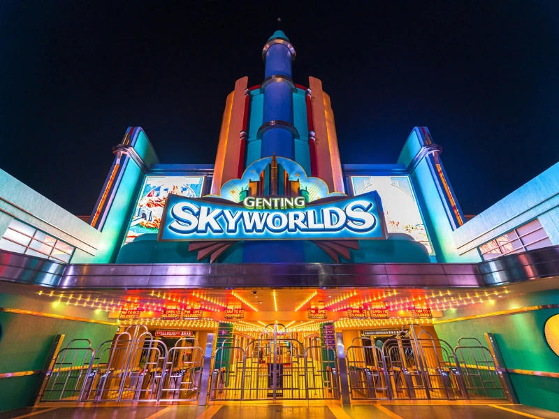 The iconic entrance of Genting SkyWorlds Theme Park, a must-visit destination for families using a Genting Highlands day trip private car for maximum convenience.