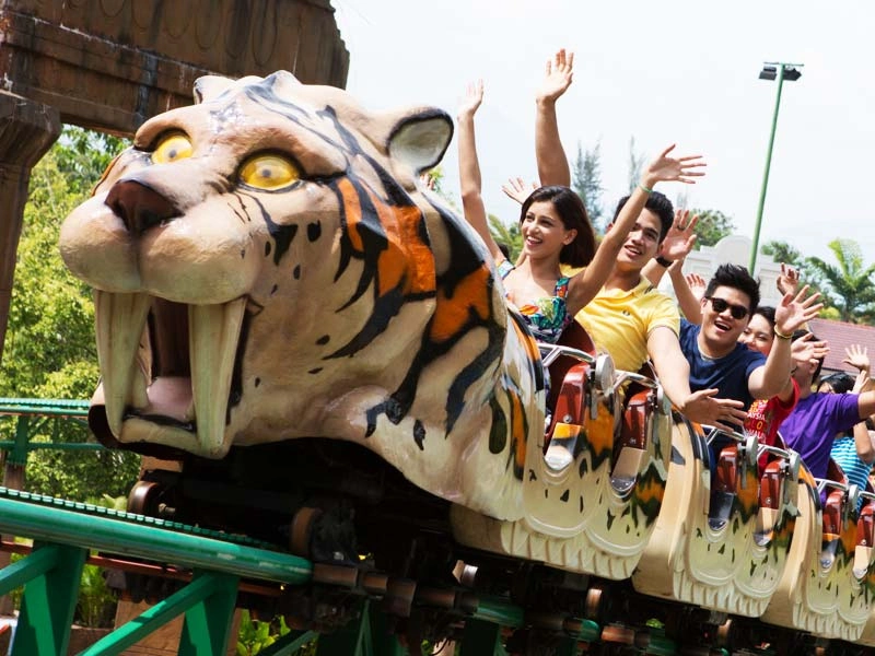 Excited tourists enjoying the tiger-themed Adventure Express roller coaster at Lost World of Tambun, a thrilling ride perfectly followed by a relaxing and safe trip home in our private car on your Ipoh day trip.
