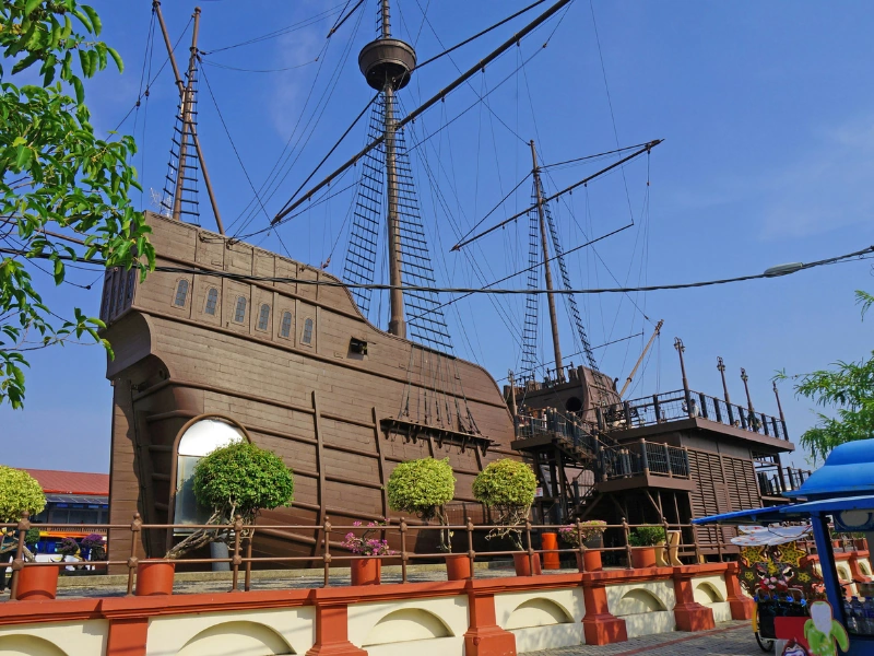 Majestic wooden replica of the Flor de la Mar at Muzium Samudera, a must-see historical highlight during your Malacca day trip private car tour.