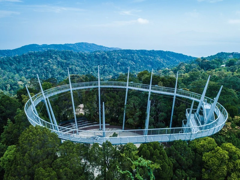 Tourists enjoying the 360-degree view at Curtis Crest Tree Top Walk on Penang Hill, a breathtaking rainforest escape easily accessible with our relaxing Penang Day Trip private car.
