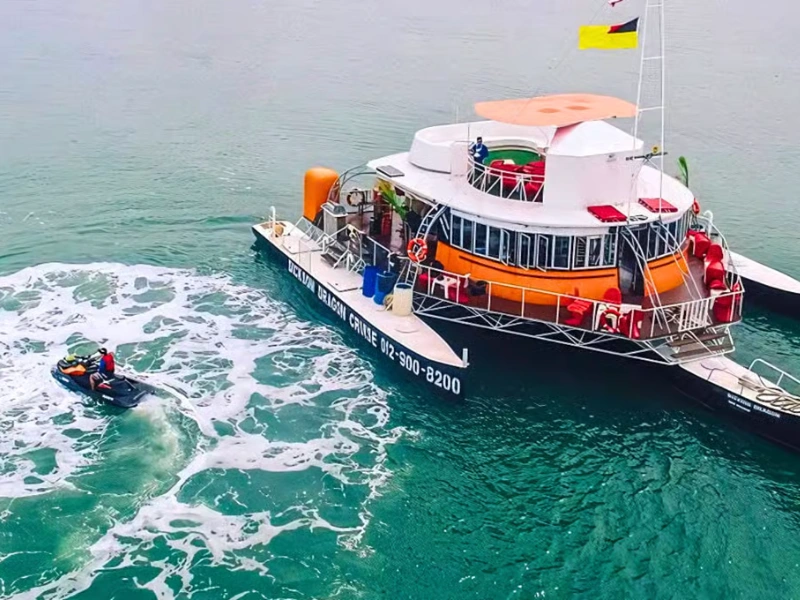 Boarding the Dickson Dragon sunset cruise yacht, a relaxing evening highlight to end your perfect Port Dickson day trip private car tour.