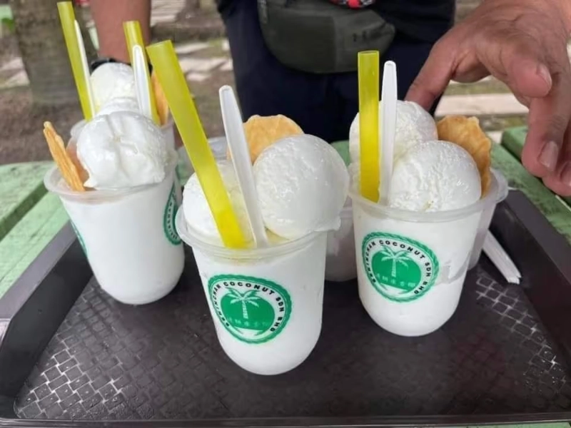 A tray of sweet coconut shakes topped with ice cream at Sekinchan Coconut Farm, a refreshing treat perfect for families to enjoy during their flexible Sekinchan day trip private car tour.