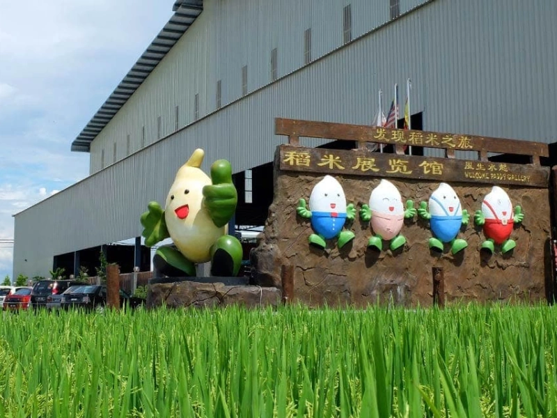 Cute rice mascots outside the Paddy Gallery, a popular stop on your Sekinchan day trip private car tour where you can buy local pearl rice without carrying heavy bags.