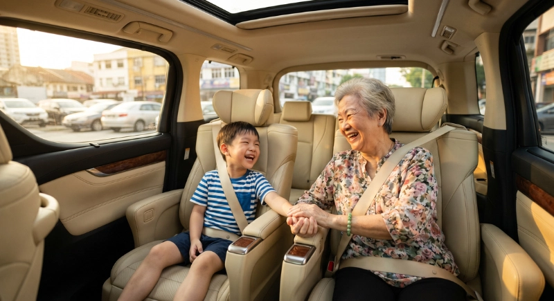 A happy grandmother and child relaxing comfortably in a premium MPV while they cross SG-JB checkpoint stress-free.