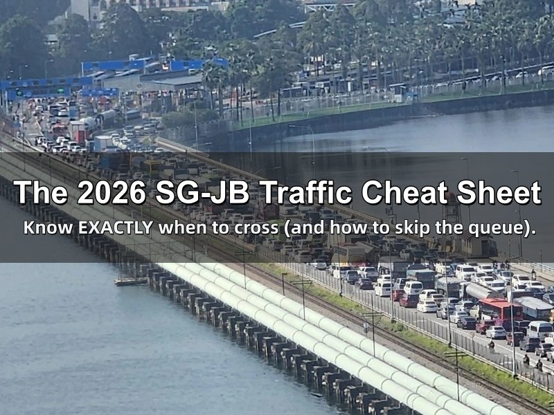 Cars stuck in heavy traffic on the causeway while trying to cross SG-JB checkpoint, featuring a 2026 traffic cheat sheet.