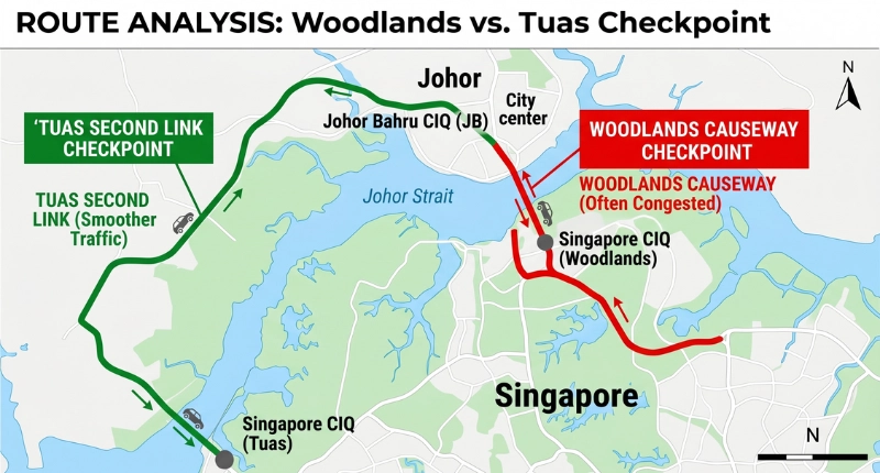 Route analysis map comparing the Woodlands Causeway and Tuas Second Link options to help you cross SG-JB checkpoint efficiently.
